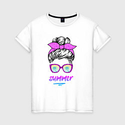 Футболка хлопковая женская Лето - девушка в розовых солнцезащитных очках, цвет: белый