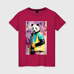 Футболка хлопковая женская Панда в модной куртке - акварель, цвет: маджента