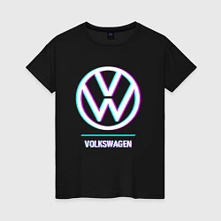 Футболка хлопковая женская Значок Volkswagen в стиле glitch, цвет: черный