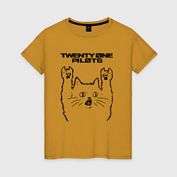 Футболка хлопковая женская Twenty One Pilots - rock cat, цвет: горчичный