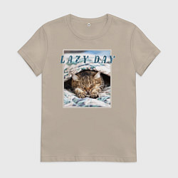Футболка хлопковая женская Котик антистресс, цвет: миндальный