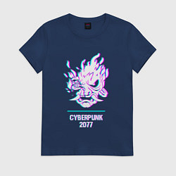 Футболка хлопковая женская Cyberpunk 2077 в стиле glitch и баги графики, цвет: тёмно-синий