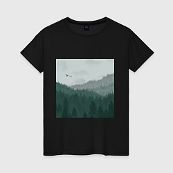 Футболка хлопковая женская Туманные холмы и лес, цвет: черный