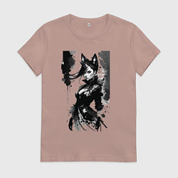 Футболка хлопковая женская Девушка-лиса - набросок - кляксы, цвет: пыльно-розовый