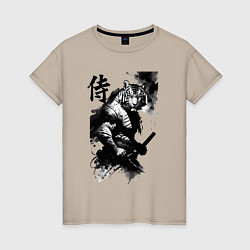 Футболка хлопковая женская Tiger samurai - hieroglyph - art, цвет: миндальный