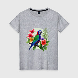 Футболка хлопковая женская Попугай среди цветов, цвет: меланж