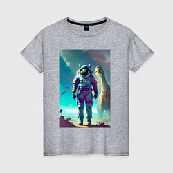 Футболка хлопковая женская Космонавт на планете динозавров - нейросеть, цвет: меланж