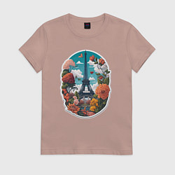 Футболка хлопковая женская Эйфелева башня в цветах, цвет: пыльно-розовый