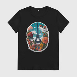 Футболка хлопковая женская Эйфелева башня в цветах, цвет: черный