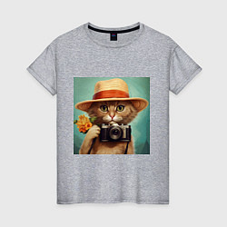Футболка хлопковая женская Кот в соломенной шляпе с фотоаппаратом, цвет: меланж