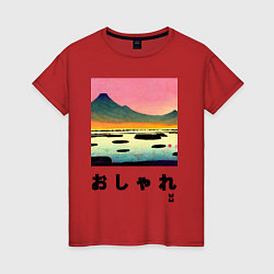 Футболка хлопковая женская MoMo - Горное озеро в японском стиле, цвет: красный