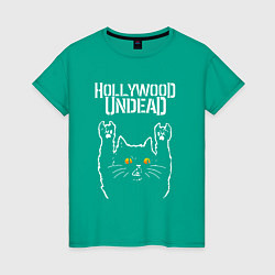 Футболка хлопковая женская Hollywood Undead rock cat, цвет: зеленый