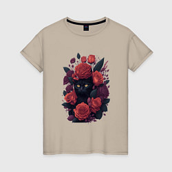 Футболка хлопковая женская Черный кот в цветах, цвет: миндальный