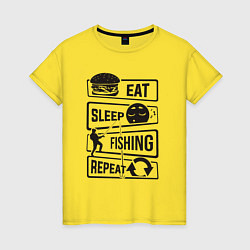 Футболка хлопковая женская Eat sleep fishing repeat, цвет: желтый