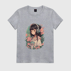 Футболка хлопковая женская Девочка в стиле анимэ в наушниках среди цветов пор, цвет: меланж
