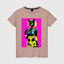 Футболка хлопковая женская Black cat - fashionista - pop art - neural network, цвет: пыльно-розовый