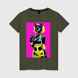 Женская футболка Black cat - fashionista - pop art - neural network