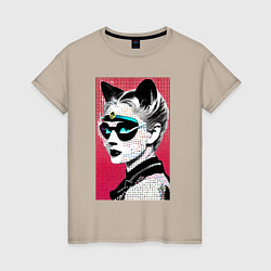 Футболка хлопковая женская Cat girl in a mask - neural network - pop art, цвет: миндальный