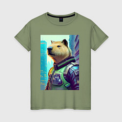 Футболка хлопковая женская Capybara - neural network - cyberpunk, цвет: авокадо