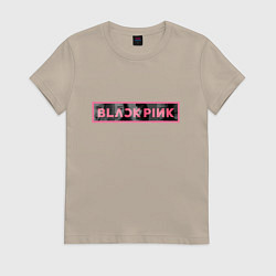 Футболка хлопковая женская Логотип Black Pink и силуэты участниц, цвет: миндальный