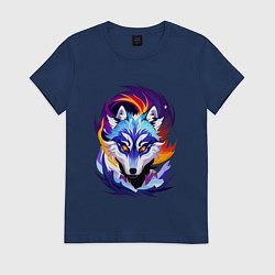 Футболка хлопковая женская Арт волка цветной, цвет: тёмно-синий