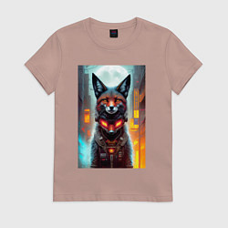 Футболка хлопковая женская Крутая лиса - киберпанк - нейросеть, цвет: пыльно-розовый
