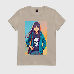 Футболка хлопковая женская Девчонка с черепом на одежде - аниме, цвет: миндальный