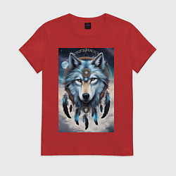 Футболка хлопковая женская Шаман волк, цвет: красный