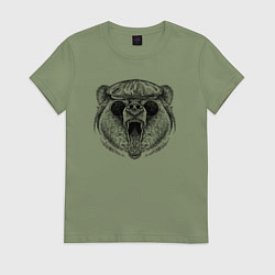 Футболка хлопковая женская Медведь в кепке и очках, цвет: авокадо