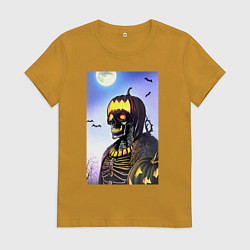 Футболка хлопковая женская Коллаба черепа и тыквы, цвет: горчичный