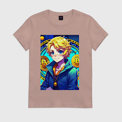 Футболка хлопковая женская Аниме биткоин, цвет: пыльно-розовый