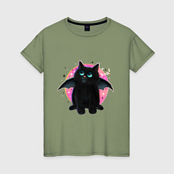 Футболка хлопковая женская Черный котенок летучая мышь хэллоуин, цвет: авокадо