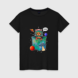 Футболка хлопковая женская Кот космонавт в кармане, цвет: черный