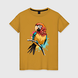 Футболка хлопковая женская Акварельный попугай, цвет: горчичный