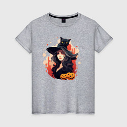 Футболка хлопковая женская Ведьмочка и черный кот, цвет: меланж