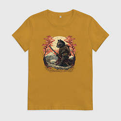 Футболка хлопковая женская Японский самурайский кот, цвет: горчичный
