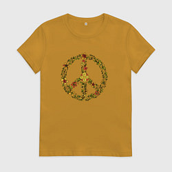 Футболка хлопковая женская Пацифик знак хиппи цветы, цвет: горчичный