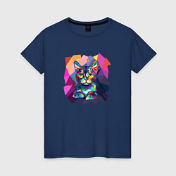 Футболка хлопковая женская Кот в стиле полигональном, цвет: тёмно-синий