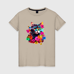 Футболка хлопковая женская Котик в цветах - нейросеть, цвет: миндальный