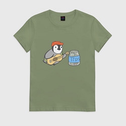 Футболка хлопковая женская Воробей гитарист собирает донаты, цвет: авокадо