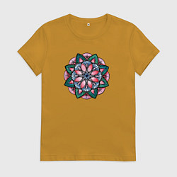 Футболка хлопковая женская Мандала красно зеленая, цвет: горчичный