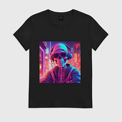 Футболка хлопковая женская Скелет в шапке, цвет: черный