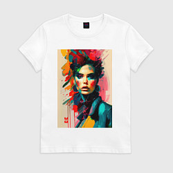 Футболка хлопковая женская МоМо - женщина в красном шарфе, цвет: белый