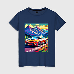 Футболка хлопковая женская Авто на фоне гор, цвет: тёмно-синий
