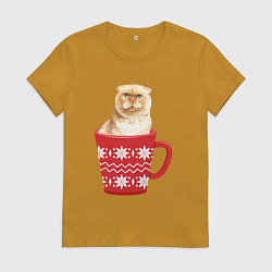 Футболка хлопковая женская Рыжий кот в кружке со снежинками, цвет: горчичный