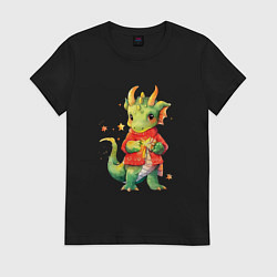 Футболка хлопковая женская Милый дракончик в свитере, цвет: черный