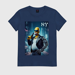 Футболка хлопковая женская Cyber Homer with a gun in New York - ai art, цвет: тёмно-синий
