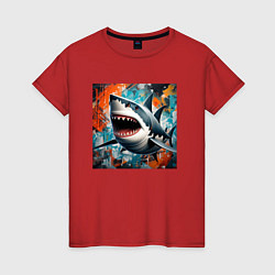 Футболка хлопковая женская Зубастая акула, цвет: красный