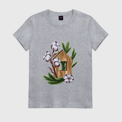 Футболка хлопковая женская Деревянный домик с хлопком и еловыми ветками, цвет: меланж
