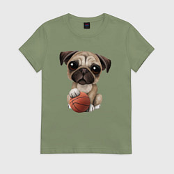 Футболка хлопковая женская Мопс баскетболист, цвет: авокадо